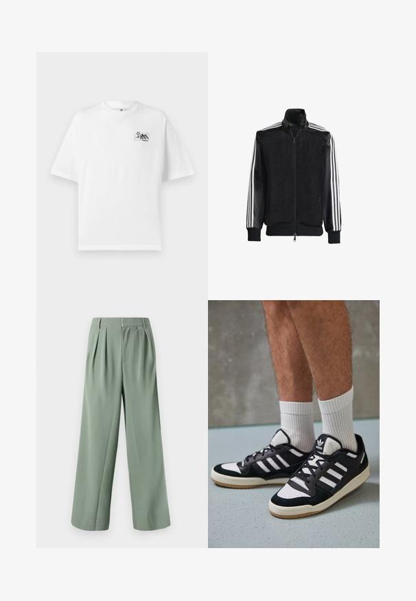 Chaqueta de malla negra con cierre de cremallera en la parte delantera, que presenta mangas negras sólidas y tres rayas blancas a lo largo de los brazos. Puños y dobladillo acanalados.; Camiseta de algodón blanca con un corte relajado, que presenta un pequeño gráfico negro de montaña y un diseño de sol en el área del pecho izquierdo.; Pantalones de pierna ancha verde con pliegues, confeccionados en un tejido suave. Presentan un cierre con cremallera y dos bolsillos laterales. Diseño sencillo y entallado.; Zapatillas en blanco y negro con parte superior de ante y cuero, que presentan tres franjas blancas, una puntera perforada y una suela de goma.