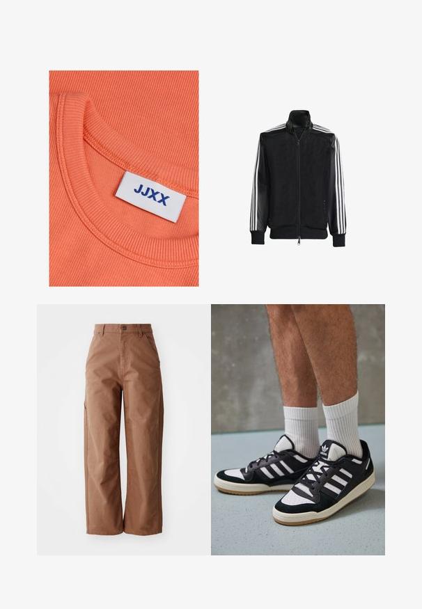 Chaqueta de malla negra con cierre de cremallera en la parte delantera, que presenta mangas negras sólidas y tres rayas blancas a lo largo de los brazos. Puños y dobladillo acanalados.; Camisa de algodón coral con canales, con cuello redondo, que presenta una etiqueta azul visible con el texto "JJXX". Textura suave en toda la prenda.; Pantalones de pierna ancha marrones, hechos de un tejido resistente. Cuentan con una cintura alta, bolsillos frontales y detalles de costura sutiles.; Zapatillas en blanco y negro con parte superior de ante y cuero, que presentan tres franjas blancas, una puntera perforada y una suela de goma.