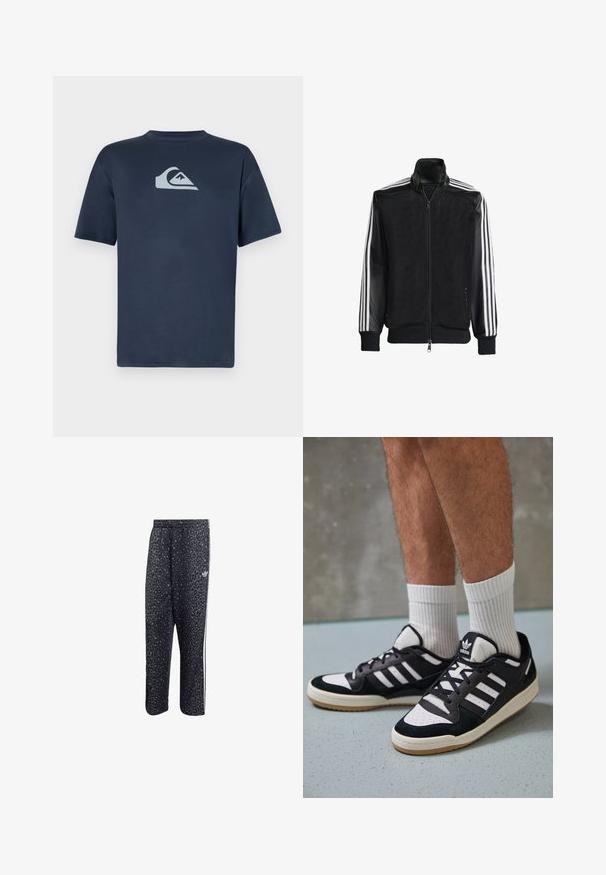 Černá síťovaná bunda na zip, s celými černými rukávy a třemi bílými pruhy podél rukávů. Hladké manžety a lem.; Námořnická modrá bavlněná tričko s krátkými rukávy, s světle šedým logem na hrudi. Hladká textura, design s kulatým výstřihem a standardní střih.; Černé sportovní kalhoty s leopardím vzorem, obsahující bílý design se třemi pruhy a logo sportovní značky na boku.; Černobílé tenisky s vrchní částí z semišové a kožené kůže, včetně tří bílých pruhů, perforovaného špičky a podrážky z gumy.