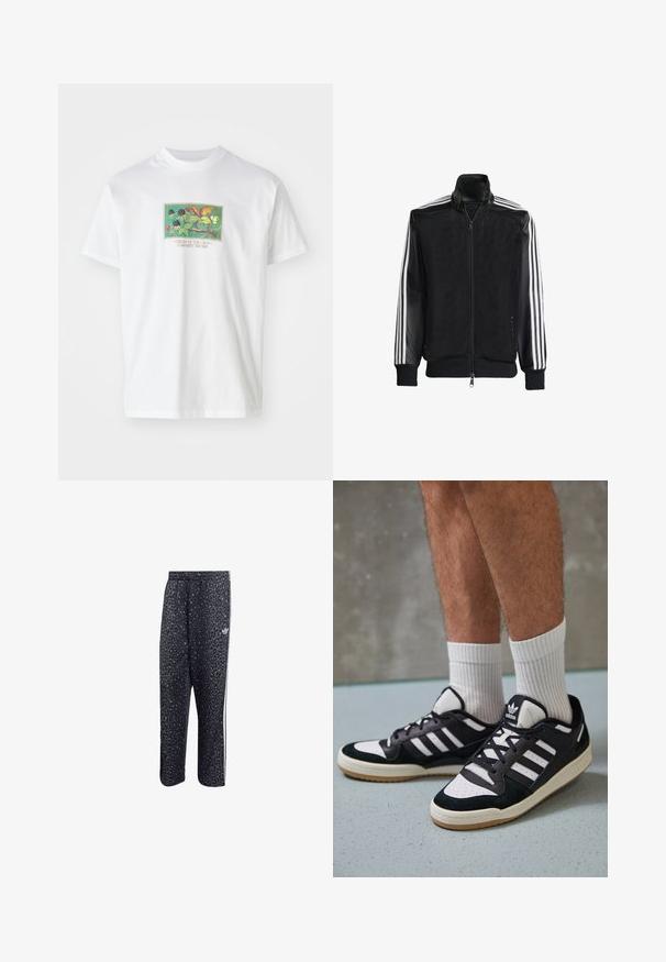 Must mustriga jope, millel on lukuga eesosa, ning mustad varrukad ja kolm valget triipu varrukate ääres. Ribaelastne mansett ja allääre.; Valge puuvillane T-särk, millel on värvikas illustreeritud graafika taimedest ja viljadest. Allpool on tekst "CREAM OF THE CROP CARHARTT WIP 1989."; Mustadmustelised spordipüksid, millel on leopardimuster, valged kolmerealised triibud ja kerge brändi logo külgedel.; Mustvalged ja valged spordijalatsid, mille pealmine osa on valmistatud suede'ist ja nahast. Kingadel on kolm valget riba, auguline varvas ja kummist tald.