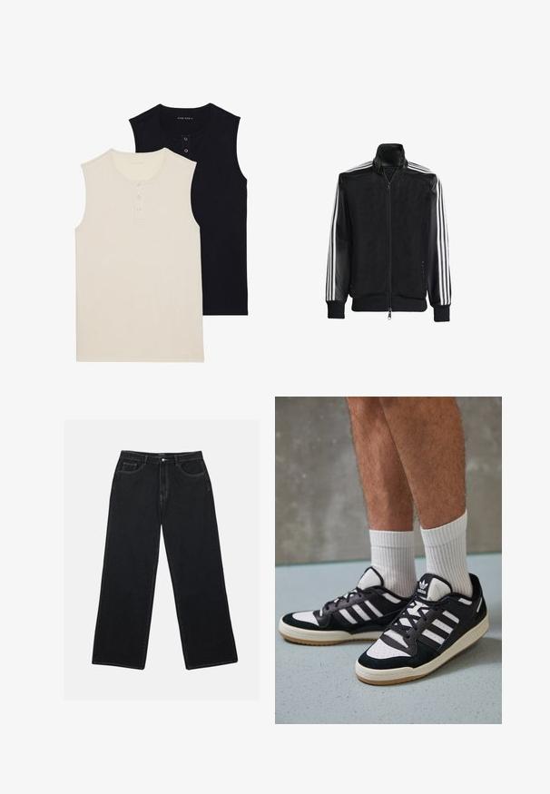 Musta verkkomantteli, jossa on vetoketjulla suljettava etuosa, mustat hihat ja kolme valkoista raitaa käsivarsilla. Ribbaatut hihansuut ja helma.; Kaksi hihattomaa puuvillapaitaa: yksi vaaleanbeige nappilista, ja yksi tasaisen musta. Molemmissa on pyöreä kaula-aukko ja vartalonmyötäinen malli.; Mustat farkut, joissa on leveät lahkeet ja korkea vyötärö, etutaskut ja erottuvaompeleet. Kangas on sileä ja hieman teksturoitu.; Valkoiset ja mustat tennarit, joissa on mokkanahka- ja nahkapäällinen, kolme valkoista raitaa, rei'itetty kärki ja kumipohja.