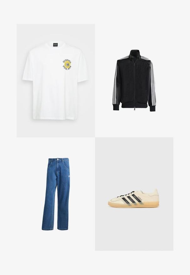 Černá síťovaná bunda na zip, s celými černými rukávy a třemi bílými pruhy podél rukávů. Hladké manžety a lem.; Bílý bavlněný tričko s kulatým výstřihem, krátkými rukávy a grafickým motivem slunečnice s textem "SUNNIES POOL BAR" na levém hrudníku.; Modré vysoké široké džíny s vysokým pasem, předními kapsami, poutky na opasek, knoflíkovým zapínáním a malým logem Adidas na pravém stehně.; Světle krémové tenisky s černým designem tří pruhů,Texturovaný svršek, kulatá špička a gumová podešev. Obsahují šněrování a branding po straně.