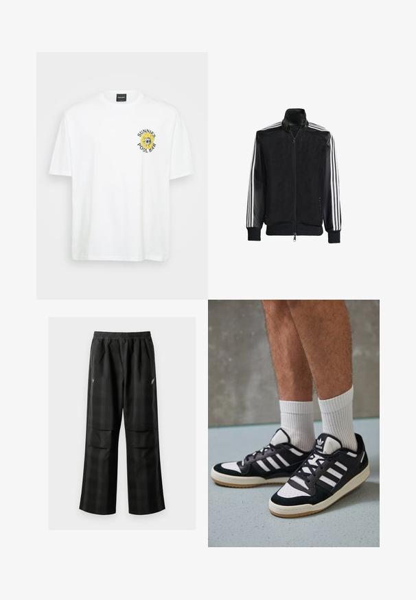 Juodas permatomas džemperis su užtrauktuku priekyje, turintis vientisas juodas rankoves ir tris baltas juostas ant rankų. Raukšlėtos rankogaliai ir apatinė dalis.; Balta medvilninė marškinėlių apykakle, trumpomis rankovėmis ir saulėgrąžos grafika su užrašu "SUNNIES POOL BAR" kairiajame krūtinės šone.; Juodos languotos kelnės su elastingu juosmeniu, dviem priekinėmis kišenėmis ir laisvu tiesiu kirpimu. Pagamintos iš lengvos medžiagos.; Juodos ir baltos sportinės bateliai su zomšiniu ir odiniu viršumi, su trimis baltomis juostelėmis, perforuota koja ir guminėmis padais.