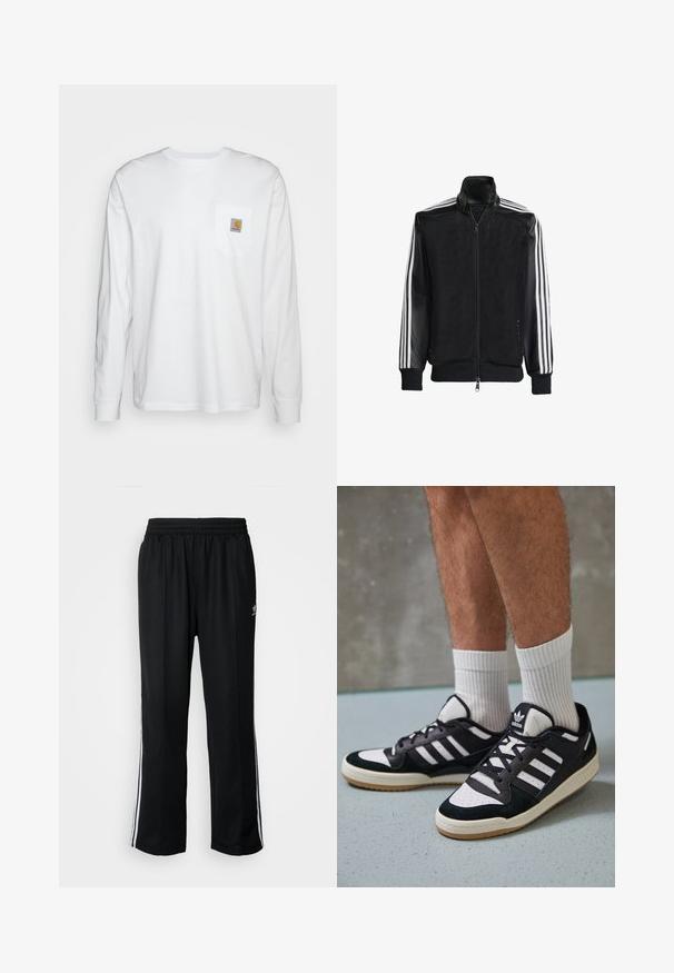 Fekete hálós dzseki, elöl cipzárral, amelynek egyszínű fekete ujjai és három fehér csíkja van a karokon. Rugalmas mandzsetták és derék.; Hosszú ujjú, fehér, pamut ing, amelyen egy négyzet alakú logóval ellátott mellzseb található. Egyszerű dizájn, lekerekített nyakú és gombos mandzsettával.; Fekete sportnadrág rugalmas derékrésszel, fehér oldalsávokkal és egy kis logóval. Az anyaga lágy és könnyűnek tűnik.; Fekete-fehér tornacipők velúr és bőr felsőrésszel, három fehér csíkkal, perforált orral és gumi talppal.