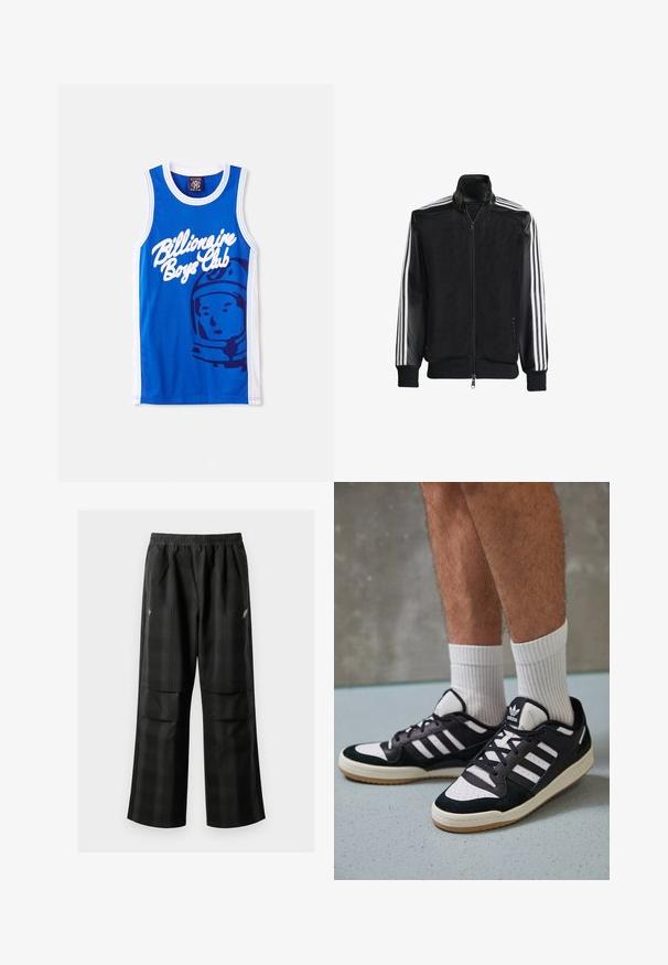 Veste en maille noire avec fermeture éclair à l'avant, présentant des manches noires unies et trois rayures blanches le long des bras. Poignets et ourlet côtelés.; Débardeur en mesh bleu avec un logo « Billionaire Boys Club » blanc et un graphique d'astronaute. Bord blanc le long des bras et du cou.; Pantalons à carreaux noirs avec une taille élastique, deux poches avant et une coupe ample avec une conception à jambe droite. Fabriqués en matériau léger.; Baskets noir et blanc avec une tige en suède et cuir, comportant trois rayures blanches, un bout perforé et une semelle en caoutchouc gum.