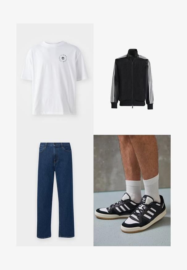 Černá síťovaná bunda na zip, s celými černými rukávy a třemi bílými pruhy podél rukávů. Hladké manžety a lem.; Bílá bavlněná tričko s kulatým výstřihem, krátkými rukávy a malým černým grafickým designem znázorňující strom a text na levé straně.; Tmavě modré džíny s rovnými nohavicemi, předními kapsami a zapínáním na knoflík, vystavené na jednoduchém bílém pozadí.; Černobílé tenisky s vrchní částí z semišové a kožené kůže, včetně tří bílých pruhů, perforovaného špičky a podrážky z gumy.