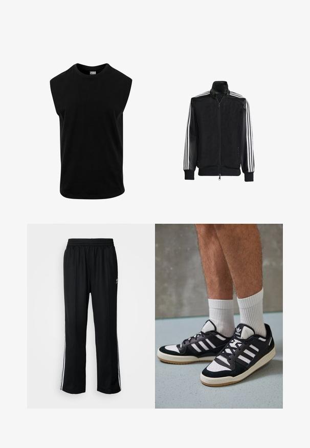 Chaqueta de malla negra con cierre de cremallera en la parte delantera, que presenta mangas negras sólidas y tres rayas blancas a lo largo de los brazos. Puños y dobladillo acanalados.; Camiseta sin mangas negra hecha de algodón, con un escote redondo y una textura suave con corte recto. Sin patrones visibles.; Pantalones deportivos negros con cintura elástica, que presentan rayas laterales blancas y un pequeño logotipo. El material parece suave y ligero.; Zapatillas en blanco y negro con parte superior de ante y cuero, que presentan tres franjas blancas, una puntera perforada y una suela de goma.