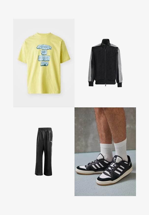 Čierna sieťovaná bunda so zipsom vpredu, s pevnými čiernymi rukávmi a tromi bielymi pruhmi po stranách rukávov. Žebrované manžety a spodný lem.; Žlté bavlnené tričko s modrou grafickou potlačou a textom "CARHARTT WIP DETROIT U.S.A." v tučnom, opotrebovanom písmene. Okrúhly výstrih, krátke rukávy.; Čierne syntetické teplákové nohavice s elastickým pásom, s bielymi bočnými pruhmi a malým bielym logom na ľavom boku.; Čierno-biele tenisky s vrchom z semišu a kože, s troma bielymi pruhmi, perforovanou špičkou a gumovou podrážkou.