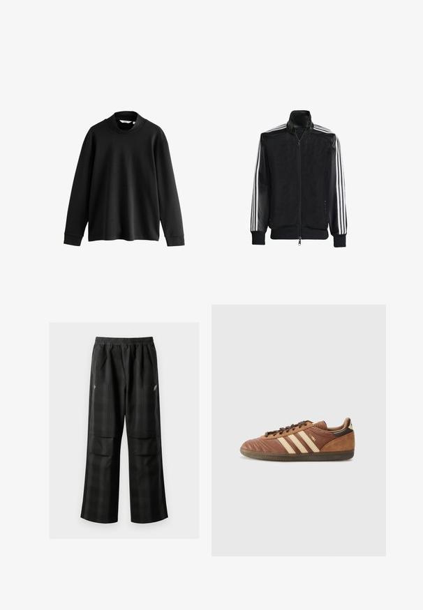 Schwarze Mesh-Jacke mit Reißverschluss vorne, die aus einem einfarbigen schwarzen Ärmeln und drei weißen Streifen an den Armen besteht. Gerippte Bündchen und Saum.; Schwarzes Sweatshirt mit langen Ärmeln und hohem Kragen, aus weichem Stoff gefertigt, mit überschnittenen Schultern und gerippten Bündchen für eine lässige Passform.; Schwarze karierte Hosen mit elastischem Bund, zwei Fronttaschen und lockerer Passform im geraden Beinschnitt. Hergestellt aus leichtem Material.; adidas Originals SAMBA UNISEX - Sneaker low - preloved brown/sand strata/dark brown