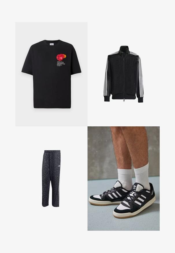 Črna mrežasta jakna z zadrgo spredaj, s trdnimi črnimi rokavi in tremi belimi črtami vzdolž rokavov. Rebrasti robovi in spodnji del.; Črna bombažna majica s kratkimi rokavi in okroglim izrezom, na kateri je rdeča grafika košarke ter napis "Adidas World Class Basketball Exhibition."; Črne športne hlače z vzorcem leoparda, ki imajo bele tri črte in logo športne blagovne znamke na strani.; Črno-bele superge z zgornjim delom iz usnja in nubuka, ki imajo tri bele črte, perforiran vrh prstov in podplat iz gume.