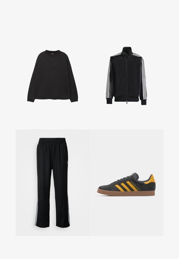Black mesh jacket with a zip front, featuring solid black sleeves and three white stripes along the arms. Ribbed cuffs and hem.; Black long-sleeve sweatshirt made of soft cotton. Features a round neckline, drop shoulders, and ribbed cuffs and hem. Smooth texture.; Black athletic pants with an elastic waistband, featuring white side stripes and a small logo. Material appears soft and lightweight.; Black suede sneaker with yellow accents, featuring three stripes and a brown rubber sole. Includes a padded tongue for comfort.