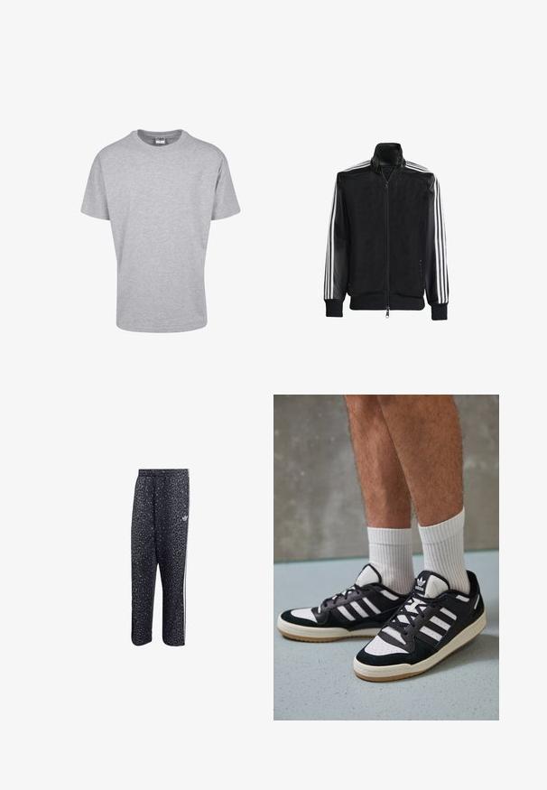 Black mesh jacket with a zip front, featuring solid black sleeves and three white stripes along the arms. Ribbed cuffs and hem.; Gray short-sleeve T-shirt made from cotton blend fabric. Features a round neckline and relaxed fit with no patterns or embellishments.; Black athletic pants with a leopard print pattern, featuring a white three-stripe design and an athletic brand logo on the side.; Black and white sneakers with a suede and leather upper, featuring three white stripes, a perforated toe, and a gum rubber sole.