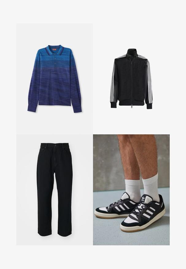 Črna mrežasta jakna z zadrgo spredaj, s trdnimi črnimi rokavi in tremi belimi črtami vzdolž rokavov. Rebrasti robovi in spodnji del.; Polo majica s dolgimi rokavi v gradientnih modrih tonih s horizontalnimi črtami, ovratnikom in tremi gumbi na zapenjanju. Mehka tkanina.; Črne jeans hlače z ravnim krojem, lahkotno teksturo, petimi žepi in gumbom za zapiranje v pasu.; Črno-bele superge z zgornjim delom iz usnja in nubuka, ki imajo tri bele črte, perforiran vrh prstov in podplat iz gume.