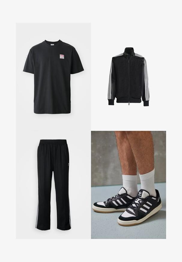 Zwarte maillotjas met een rits aan de voorkant, met stevige zwarte mouwen en drie witte strepen langs de armen. Geribbelde manchetten en zoom.; Zwarte katoenen t-shirt met ronde hals, korte mouwen en een klein gekleurd label op de linkerkant van de borst met het woord "SUPERIOR."; Zwarte sportbroeken met een elastische tailleband, voorzien van witte zijkanten en een klein logo. Het materiaal lijkt zacht en lichtgewicht te zijn.; Zwart-witte sneakers met een bovenwerk van suede en leer, voorzien van drie witte strepen, een geperforeerde neus en een rubberen gumzool.