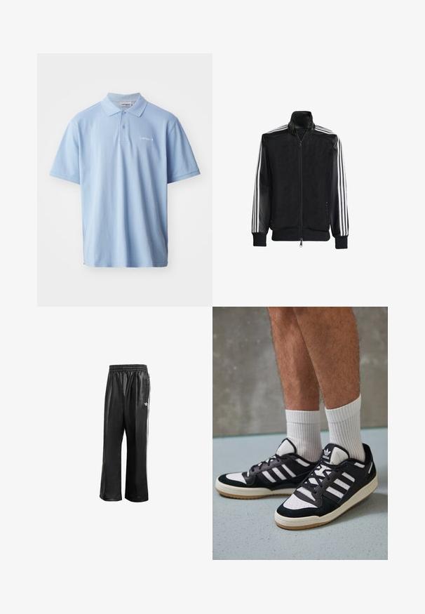 Crna mrežasta jakna s patentnim zatvaračem sprijeda, koja ima čvrste crne rukave i tri bijele pruge duž ruku. Riblje manžetne i rub.; Svijetloplava pamučna polo majica kratkih rukava, s tri dugmeta na prednjem dijelu i izvezenim logotipom s lijeve strane grudi. Glatka tekstura.; Crne sintetičke trenirke s elastičnom waistbandom, sa bijelim bočnim prugama i malim bijelim logoom na lijevom kuku.; Crne i bijele tenisice s gornjim dijelom od antilopa i kože, s tri bijele pruge, perforiranim prstom i gumiranim potplatom.