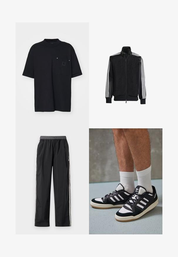 Czarna siateczkowa kurtka z zamkiem z przodu, z jednolitymi czarnymi rękawami i trzema białymi paskami wzdłuż ramion. Prążkowane mankiety i dół.; Czarna bawełniana koszulka z krótkim rękawem i wysokim dekoltem, z kieszonką po lewej stronie i detalem z logo. Jednolity kolor, gładka tekstura.; Czarne spodnie sportowe z lekkiego materiału, z elastycznym paskiem w talii i białymi paskami po bokach. Luźny krój o gładkiej teksturze.; Czarno-białe sneakersy z zamszową i skórzaną cholewką, z trzema białymi paskami, perforowanym czubkiem i gumową podeszwą w kolorze gumy.