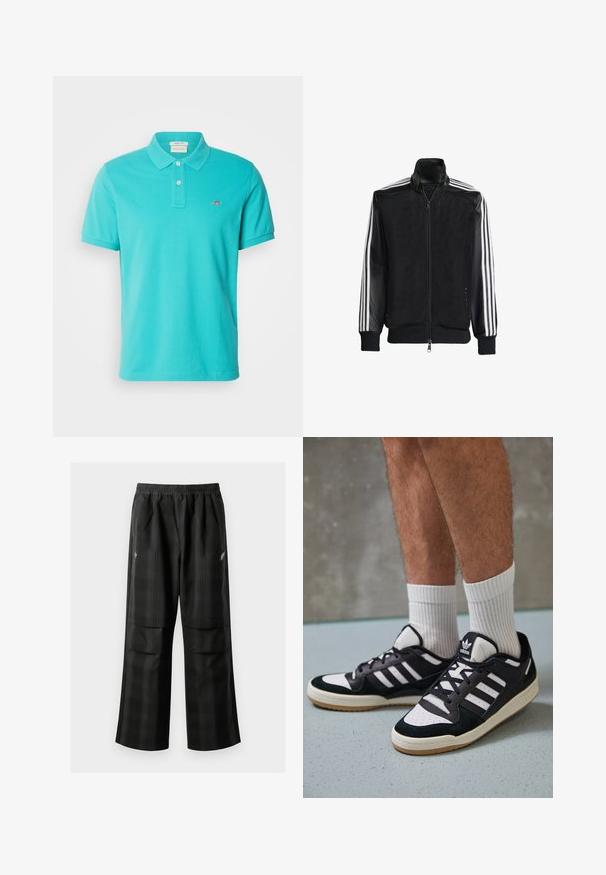 Fekete hálós dzseki, elöl cipzárral, amelynek egyszínű fekete ujjai és három fehér csíkja van a karokon. Rugalmas mandzsetták és derék.; GANT REGULAR FIT - Pólóing - lagoon blue; Fekete kockás nadrág, rugalmas derékkal, két elülső zsebbel és laza, egyenes szárú fazonnal. Könnyű anyagból készült.; Fekete-fehér tornacipők velúr és bőr felsőrésszel, három fehér csíkkal, perforált orral és gumi talppal.