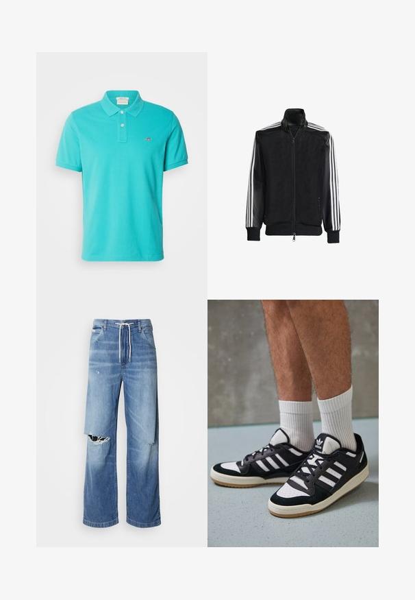 Zwarte maillotjas met een rits aan de voorkant, met stevige zwarte mouwen en drie witte strepen langs de armen. Geribbelde manchetten en zoom.; GANT REG SHIELD SS - Poloshirt - lagoon blue; Lichtblauwe denim jeans met een losse fit, voorzien van een witte trekkoord in de taille en duidelijke scheuren aan de voorkant, met rafelige randen.; Zwart-witte sneakers met een bovenwerk van suede en leer, voorzien van drie witte strepen, een geperforeerde neus en een rubberen gumzool.