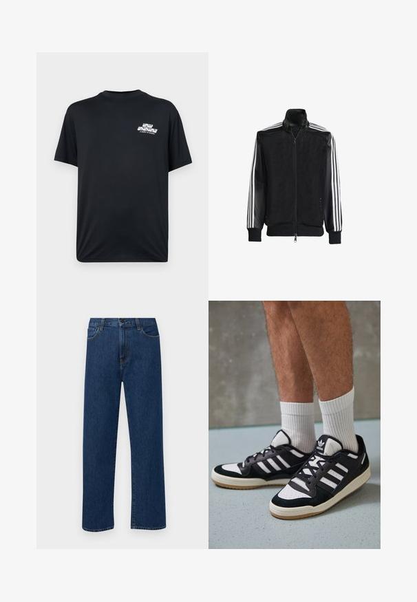 Must mustriga jope, millel on lukuga eesosa, ning mustad varrukad ja kolm valget triipu varrukate ääres. Ribaelastne mansett ja allääre.; Lühikeste varrukatega must T-särk, mis on valmistatud pehmest kangast ja mille vasakul rinnal on valge väike graafiline disain.; Tumedat sinised sirged teksapüksid esikottide ja nupuklõpsuga, esitatud helesinisel taustal.; Mustvalged ja valged spordijalatsid, mille pealmine osa on valmistatud suede'ist ja nahast. Kingadel on kolm valget riba, auguline varvas ja kummist tald.