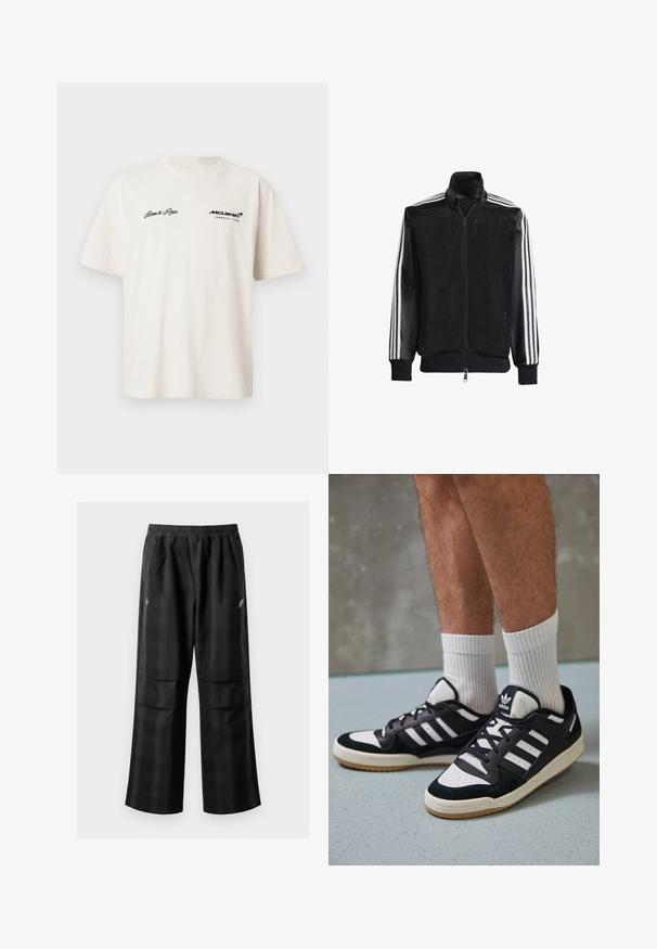 Musta verkkomantteli, jossa on vetoketjulla suljettava etuosa, mustat hihat ja kolme valkoista raitaa käsivarsilla. Ribbaatut hihansuut ja helma.; Valkoinen lyhythihainen t-paita, joka on valmistettu puuvillasta ja jossa on musta teksti: "Born to Race" vasemmalla ja "McLaren Formula 1 Team" oikealla.; Mustat ruudulliset housut, joissa on joustava vyötärö, kaksi etutaskua ja rento istuvuus suoralla lahkeella. Valmistettu kevyestä materiaalista.; Valkoiset ja mustat tennarit, joissa on mokkanahka- ja nahkapäällinen, kolme valkoista raitaa, rei'itetty kärki ja kumipohja.