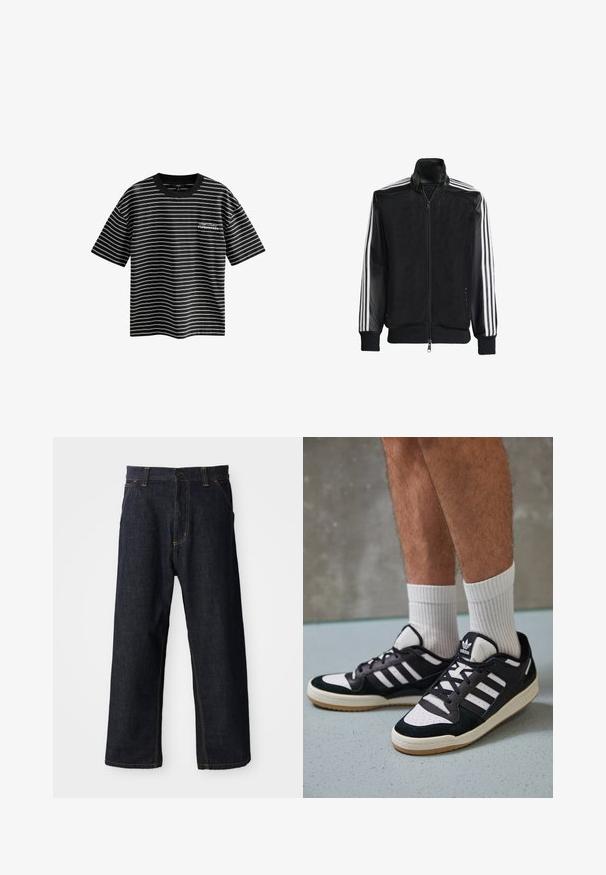 Črna mrežasta jakna z zadrgo spredaj, s trdnimi črnimi rokavi in tremi belimi črtami vzdolž rokavov. Rebrasti robovi in spodnji del.; Črno-bela prostripana majica s kratkimi rokavi in okroglo ovratnikom. Na sprednji strani je napisana besedna zasnova "Kopenhagen". Narejena je iz gladkega blaga.; Temno modri kavbojasti hlače s ravnim krojem, z rumenim šivanjem, sprednjimi žepi in gumbnim zapiranjem na pasu.; Črno-bele superge z zgornjim delom iz usnja in nubuka, ki imajo tri bele črte, perforiran vrh prstov in podplat iz gume.