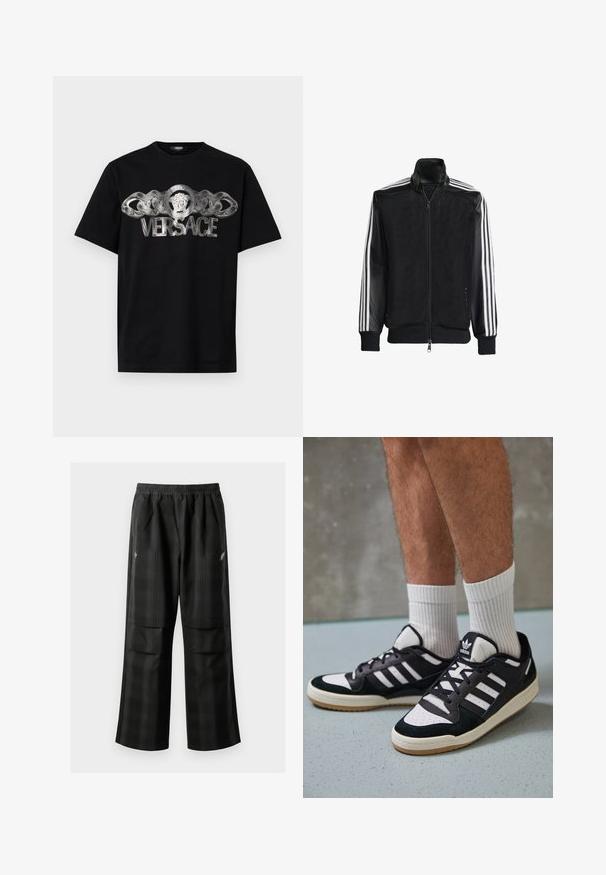 Jaqueta de malha preta com fecho zip, apresentando mangas pretas sólidas e três riscas brancas ao longo dos braços. Punhos e bainha canelados.; T-shirt preta em algodão com um logótipo em prata da Versace apresentando um medalhão de leão e um design de corrente na parte da frente. Estilo clássico de gola redonda.; Calças pretas em padrão xadrez com cintura elástica, dois bolsos frontais e um ajuste solto com design de perna reta. Feitas de material leve.; Ténis em preto e branco com upper em camurça e couro, apresentando três riscas brancas, um toe perfurado e uma sola em borracha de goma.