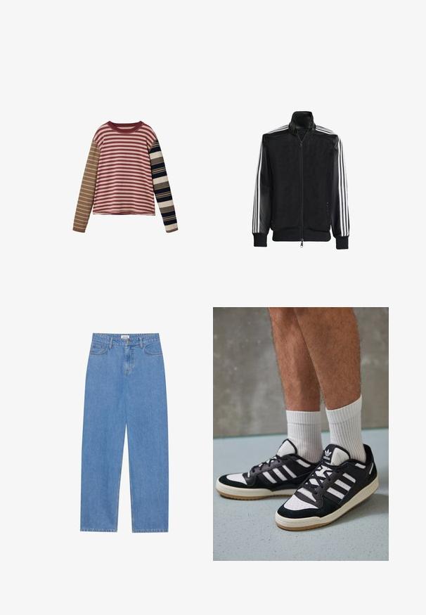 Zwarte maillotjas met een rits aan de voorkant, met stevige zwarte mouwen en drie witte strepen langs de armen. Geribbelde manchetten en zoom.; Langsleeve gestreepte top met afwisselend kastanjebruine, beige en donkerblauwe strepen van verschillende breedtes; ronde halslijn, zachte textuur.; Lichtblauwe denim jeans met een rechte pasvorm, vijf-pocket ontwerp, enkele knoopsluiting en subtiele stikseldetails op de naden.; Zwart-witte sneakers met een bovenwerk van suede en leer, voorzien van drie witte strepen, een geperforeerde neus en een rubberen gumzool.