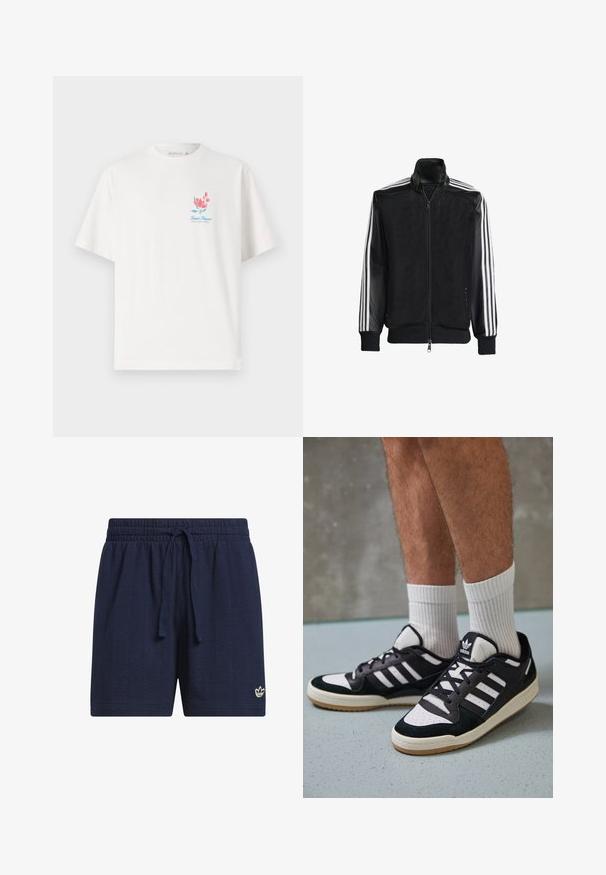 Black mesh jacket with a zip front, featuring solid black sleeves and three white stripes along the arms. Ribbed cuffs and hem.; White cotton t-shirt with a round neckline, short sleeves, featuring a colorful floral design and "Saint Tropez" text on the chest.; Navy blue athletic shorts with an elastic waistband and drawstring. Textured, breathable fabric with a small white logo on the lower hem.; Black and white sneakers with a suede and leather upper, featuring three white stripes, a perforated toe, and a gum rubber sole.