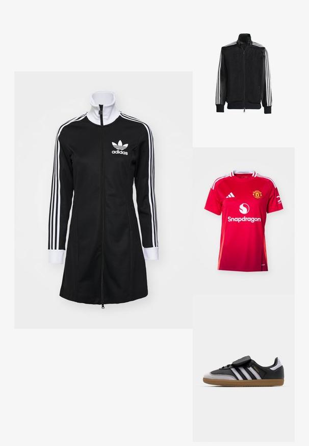 Svart nätjacka med dragkedja framtill, med enfärgade svarta ärmar och tre vita ränder längs armarna. Ribbstickade manschetter och nederkant.; Röd Manchester United-tröja med vita accenter, med Adidas-logotyp, Snapdragon-märkning och lagets emblem. Korta ärmar, rund halsringning.; Svart zip-up jacka med hög krage, vitt Adidas-logotyp och tre vita ränder längs ärmarna. Slätt texturerat tyg.; Svart läder och gråmocka sneakers med vita ränder, gummisula, snörning framtill och kardborreband. Har "Samba"-logotyp i guld.