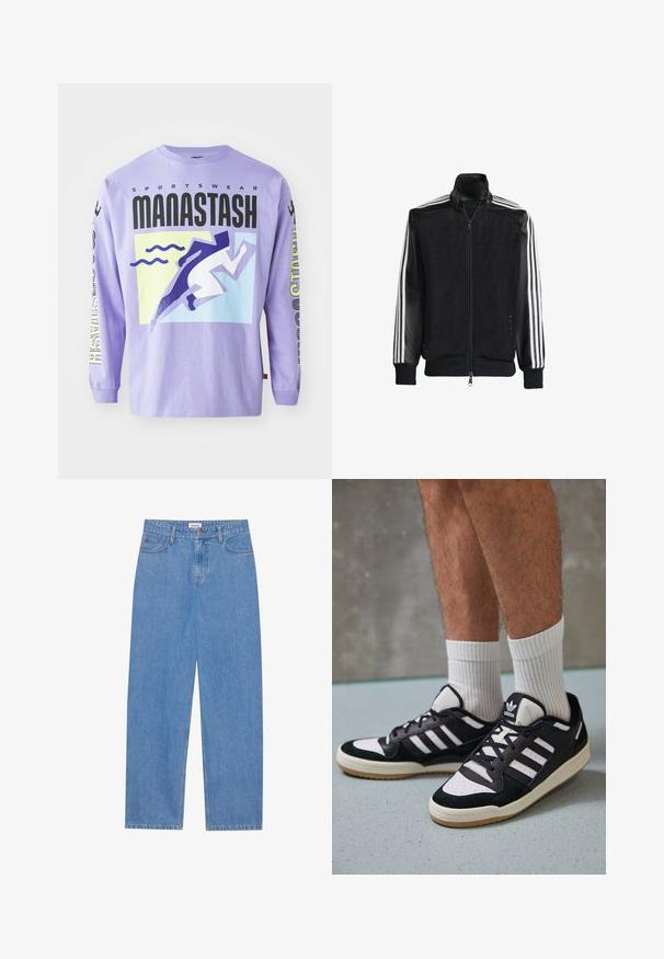 Černá síťovaná bunda na zip, s celými černými rukávy a třemi bílými pruhy podél rukávů. Hladké manžety a lem.; Fialové tričko s dlouhým rukávem s grafickým designem stylizovaných běžců a vlnových motivů. Materiál: bavlna. Text zahrnuje "SPORTOVNÍ OBLEČENÍ MANASTASH."; Svetle modré džíny s rovnýma nohavicema, designem se pěti kapsami, zapínáním na jeden knoflík a jemnými detaily šití na švech.; Černobílé tenisky s vrchní částí z semišové a kožené kůže, včetně tří bílých pruhů, perforovaného špičky a podrážky z gumy.
