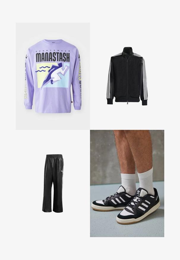 Schwarze Mesh-Jacke mit Reißverschluss vorne, die aus einem einfarbigen schwarzen Ärmeln und drei weißen Streifen an den Armen besteht. Gerippte Bündchen und Saum.; Lila Langarmshirt mit grafischem Design, das stilisierte Läufer- und Wellenmotive zeigt. Material: Baumwolle. Der Text beinhaltet "SPORTSWEAR MANASTASH."; Schwarze synthetische Sporthosen mit elastischem Taillenbund, ausgestattet mit weißen Seitenstreifen und einem kleinen weißen Logo auf der linken Hüfte.; Schwarz-weiße Sneaker mit einem Obermaterial aus Wildleder und Leder, ausgestattet mit drei weißen Streifen, einer perforierten Zehenpartie und einer Sohle aus Gummi.