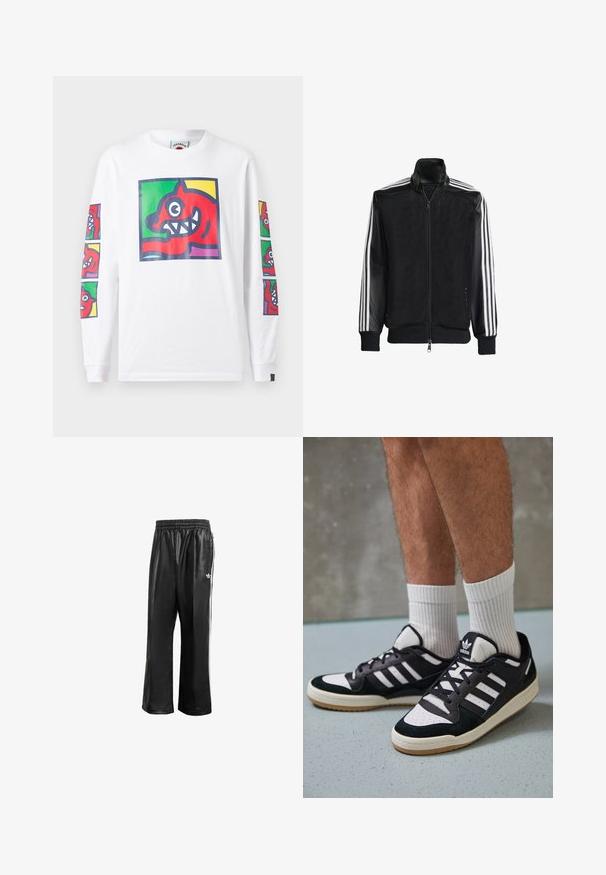 Schwarze Mesh-Jacke mit Reißverschluss vorne, die aus einem einfarbigen schwarzen Ärmeln und drei weißen Streifen an den Armen besteht. Gerippte Bündchen und Saum.; Langärmliges weißes T-Shirt aus Baumwolle mit bunten Grafiken eines roten Wesens mit scharfen Zähnen auf der Vorderseite und den Ärmeln.; Schwarze synthetische Sporthosen mit elastischem Taillenbund, ausgestattet mit weißen Seitenstreifen und einem kleinen weißen Logo auf der linken Hüfte.; Schwarz-weiße Sneaker mit einem Obermaterial aus Wildleder und Leder, ausgestattet mit drei weißen Streifen, einer perforierten Zehenpartie und einer Sohle aus Gummi.