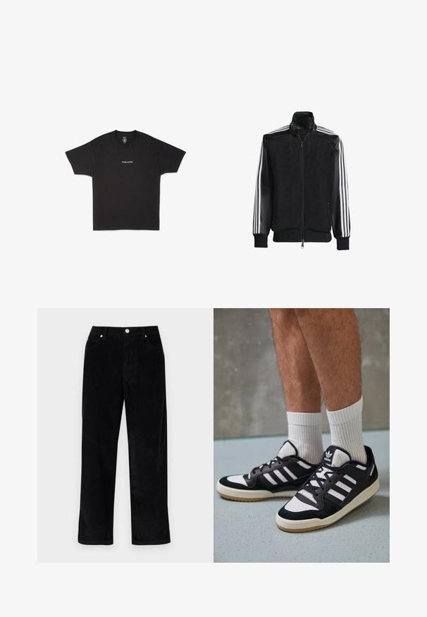 Must mustriga jope, millel on lukuga eesosa, ning mustad varrukad ja kolm valget triipu varrukate ääres. Ribaelastne mansett ja allääre.; MustBlacki puuvillane T-särk, millel on ümar kaelus ja lühikesed varrukad, ees keskel on väike valge "VOLCOM" logo.; Mustardpüksid mustas värvuses, sirge säärekujundusega, millel on ees kantud taskud ja metallist nupud. Pehme tekstuur vertikaalse reljeefiga.; Mustvalged ja valged spordijalatsid, mille pealmine osa on valmistatud suede'ist ja nahast. Kingadel on kolm valget riba, auguline varvas ja kummist tald.