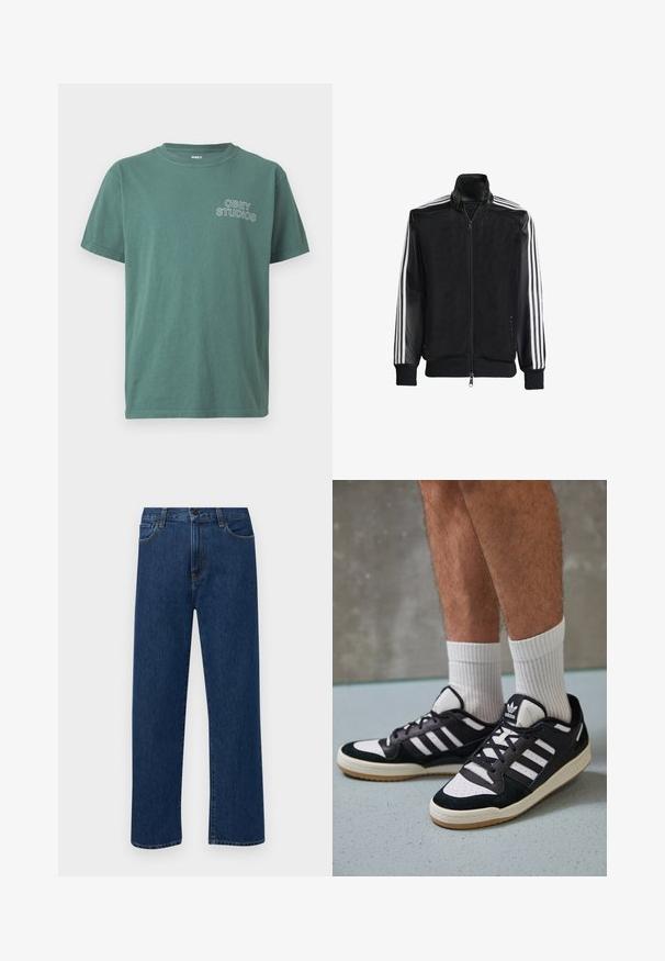 Melna režģa jakas ar rāvējslēdzēja priekšpusi, kam ir viendabīgas melnas piedurknes un trīs baltas svītras gar rokām. Ribota aproce un apakša.; Zaļš kokvilnas T-krekls ar apaļu kakla izgriezumu, īsām piedurknēm un baltu "OBEY STUDIOS" logo kreisajā krūtī. Mīksta struktūra, ikdienišķs dizains.; Tumši zilas taisnas kājas denim bikses ar priekšējām kabatām un pogu aizdari, izvietotas uz vienkārša baltā fona.; Melnas un baltas kedas ar zamša un ādas augšdaļu, kas aprīkotas ar trim baltām svītrām, perforētu purngali un gumijas zolēm.