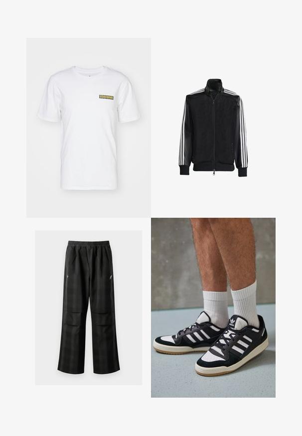 Černá síťovaná bunda na zip, s celými černými rukávy a třemi bílými pruhy podél rukávů. Hladké manžety a lem.; Converse STAINED GLASS - Triko s potiskem - white; Černé kostkované kalhoty s elastickým pasem, dvěma předními kapsami a volným střihem se rovnými nohavicemi. Vyrobeny z lehkého materiálu.; Černobílé tenisky s vrchní částí z semišové a kožené kůže, včetně tří bílých pruhů, perforovaného špičky a podrážky z gumy.