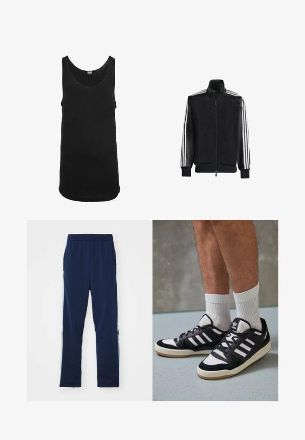Fekete hálós dzseki, elöl cipzárral, amelynek egyszínű fekete ujjai és három fehér csíkja van a karokon. Rugalmas mandzsetták és derék.; Fekete, könnyű anyagból készült tank top, kerek nyakkivágással és ujjatlan fazonnal. Egyenes aljjal és minimális varrási részletekkel rendelkezik.; Sötétkék sportnadrág rugalmas anyagból, széles gumis derékrésszel, egyenes szabással és világos oldalsó panel díszítésekkel, rajtuk logók.; Fekete-fehér tornacipők velúr és bőr felsőrésszel, három fehér csíkkal, perforált orral és gumi talppal.