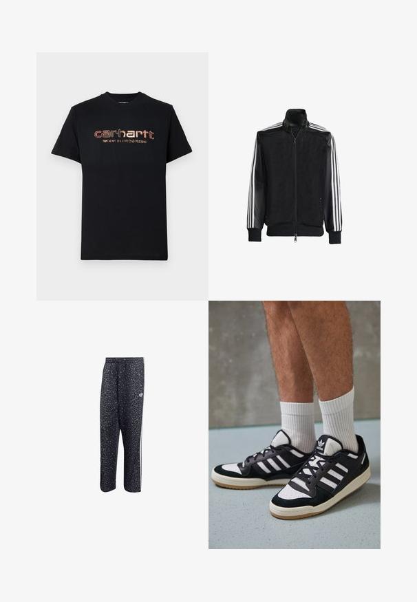 Fekete hálós dzseki, elöl cipzárral, amelynek egyszínű fekete ujjai és három fehér csíkja van a karokon. Rugalmas mandzsetták és derék.; Fekete pamut póló rövid ujjakkal és kerek nyakkal. Elöl fémes piros és arany szöveg található: "carhartt. MUNKÁBAN."; Fekete sportnadrág leopárdmintával, fehér háromsávos dizájnnal és egy sportmárka logójával az oldalon.; Fekete-fehér tornacipők velúr és bőr felsőrésszel, három fehér csíkkal, perforált orral és gumi talppal.