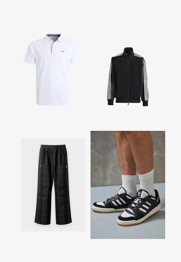 Melna režģa jakas ar rāvējslēdzēja priekšpusi, kam ir viendabīgas melnas piedurknes un trīs baltas svītras gar rokām. Ribota aproce un apakša.; Balts polo krekls ar teksturētu audumu, īsām piedurknēm un ievelkamu apkakli. Iekļauts pelēks logo kreisajā krūtīs.; Melnas kvadrātveida bikses ar elastīgu jostu, divām priekšējām kabatām un brīvu piegriezumu ar taisnām kājām. Izgatavotas no viegla materiāla.; Melnas un baltas kedas ar zamša un ādas augšdaļu, kas aprīkotas ar trim baltām svītrām, perforētu purngali un gumijas zolēm.