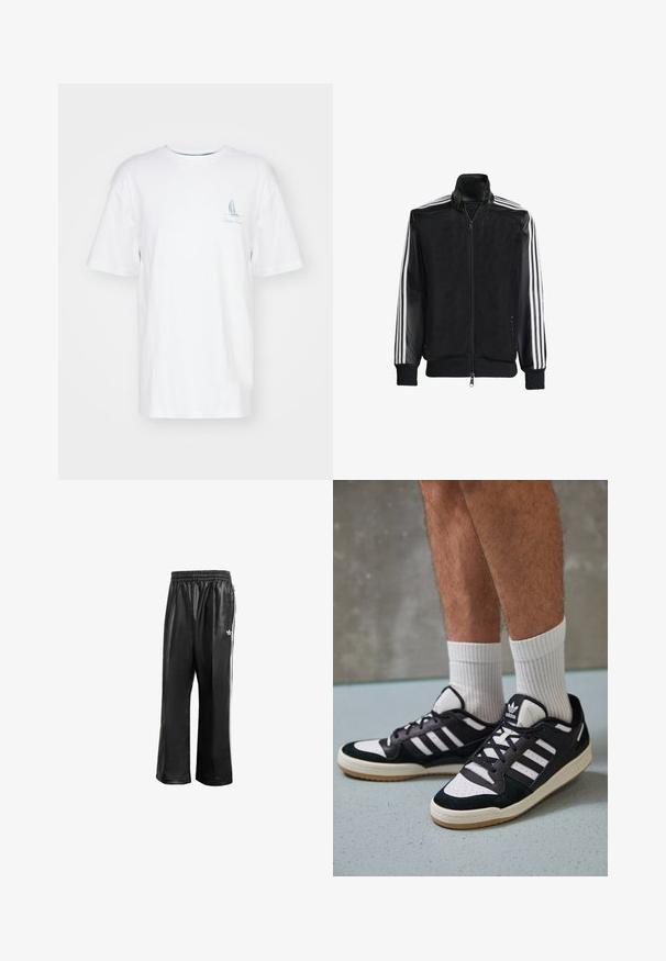 Svart mesh-jakke med glidelås foran, med solide svarte ermer og tre hvite striper langs armene. Ribbestrikkede mansjetter og nederkant.; Hvit bomulls t-skjorte med korte ermer, rund halslinje og et lite blått seilbåt grafikk på venstre bryst. Enkel, klassisk design.; Sorte syntetiske treningsbukser med elastisk midje, som har hvite sidestreker og en liten hvit logo på venstre hofte.; Sorte og hvite sneakers med overdel i semsket skinn og lær, med tre hvite striper, perforert tå og en såle av gummi.