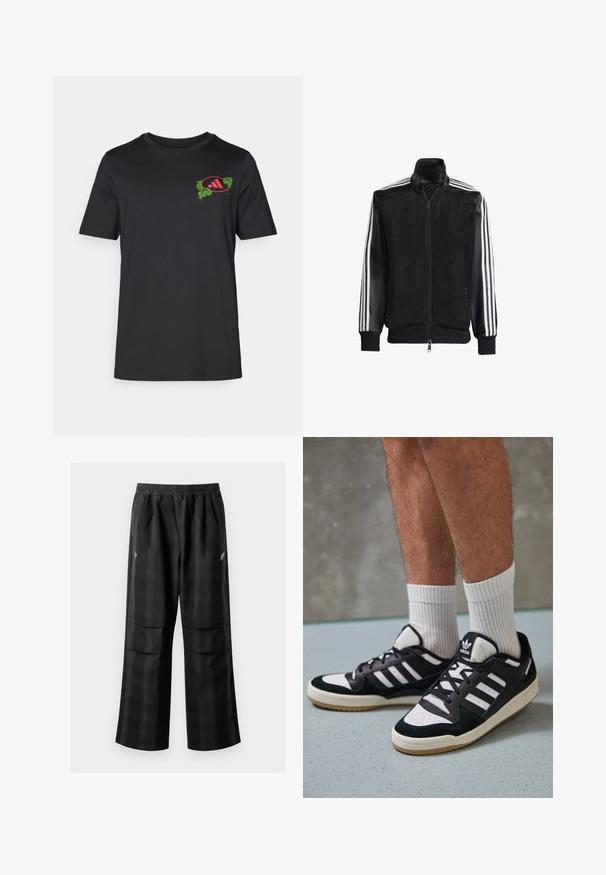 Chaqueta de malla negra con cierre de cremallera en la parte delantera, que presenta mangas negras sólidas y tres rayas blancas a lo largo de los brazos. Puños y dobladillo acanalados.; Camiseta de algodón negra con cuello redondo. Presenta un diseño gráfico vibrante en verde y rojo en el lado izquierdo del pecho, que incorpora hojas de palma y un logotipo.; Pantalones de cuadros negros con cintura elástica, dos bolsillos frontales y un ajuste holgado con diseño de pierna recta. Fabricados en material ligero.; Zapatillas en blanco y negro con parte superior de ante y cuero, que presentan tres franjas blancas, una puntera perforada y una suela de goma.