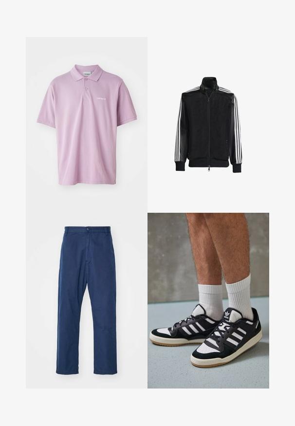 Fekete hálós dzseki, elöl cipzárral, amelynek egyszínű fekete ujjai és három fehér csíkja van a karokon. Rugalmas mandzsetták és derék.; Világoslila polo póló, háromgombos gumival, rövid ujjal és egy kis fehér hímzett logóval a mellkason. Pamut anyag.; Tengerészkék, egyenes lábú, pamut nadrág. Elöl gombos záródással és finom textúrával rendelkezik, oldalzsebekkel és övhurkokkal.; Fekete-fehér tornacipők velúr és bőr felsőrésszel, három fehér csíkkal, perforált orral és gumi talppal.