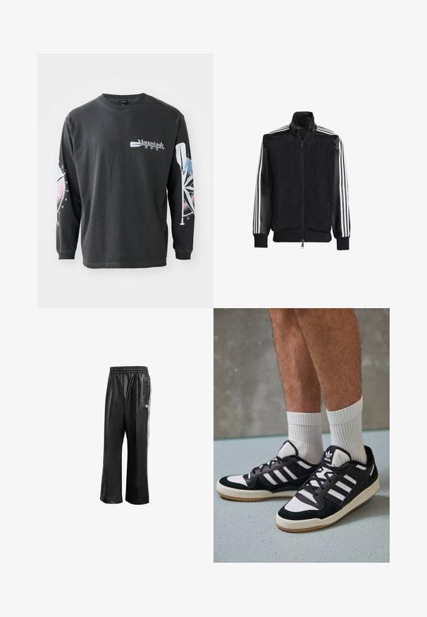 Veste en maille noire avec fermeture éclair à l'avant, présentant des manches noires unies et trois rayures blanches le long des bras. Poignets et ourlet côtelés.; T-shirt en coton noir à manches longues avec un logo sur le devant et des graphiques d'une boussole et d'une rame sur les manches dans des tons de bleu et de rose.; Pantalons de sport synthétiques noirs avec une taille élastique, dotés de rayures blanches sur les côtés et d'un petit logo blanc sur la hanche gauche.; Baskets noir et blanc avec une tige en suède et cuir, comportant trois rayures blanches, un bout perforé et une semelle en caoutchouc gum.