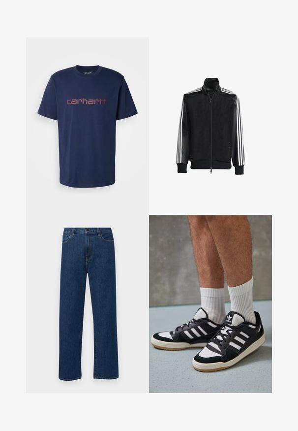 Sort meshjakke med lynlås foran, med ensfarvede sorte ærmer og tre hvide striber langs armene. Ribbet manchetter og kant.; Carhartt WIP SCRIPT - T-shirts print - air force blue/malbec; Mørkeblå straight-leg denim jeans med forhåndslommer og knaplukning, vist på en ensfarvet hvid baggrund.; Sorte og hvide sneakers med en overdel i ruskind og læder, der har tre hvide striber, en perforeret tå og en sål i gummigummi.