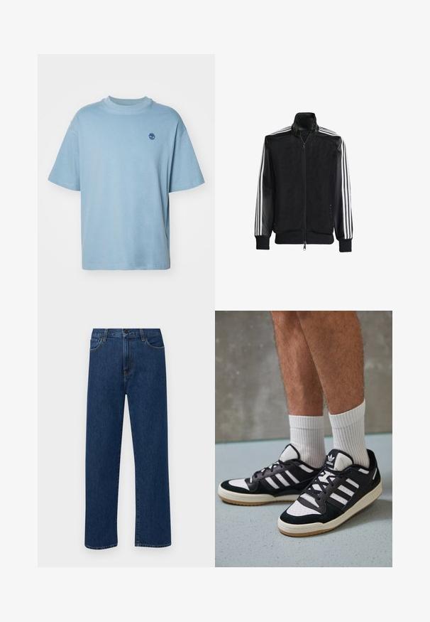 Melna režģa jakas ar rāvējslēdzēja priekšpusi, kam ir viendabīgas melnas piedurknes un trīs baltas svītras gar rokām. Ribota aproce un apakša.; Gaiši zils īsās piedurknes T-krekls, kas izgatavots no mīksta auduma. Tam ir apaļa kakla izgriezums un mazs tumši zils koka logo kreisajā krūtīs.; Tumši zilas taisnas kājas denim bikses ar priekšējām kabatām un pogu aizdari, izvietotas uz vienkārša baltā fona.; Melnas un baltas kedas ar zamša un ādas augšdaļu, kas aprīkotas ar trim baltām svītrām, perforētu purngali un gumijas zolēm.