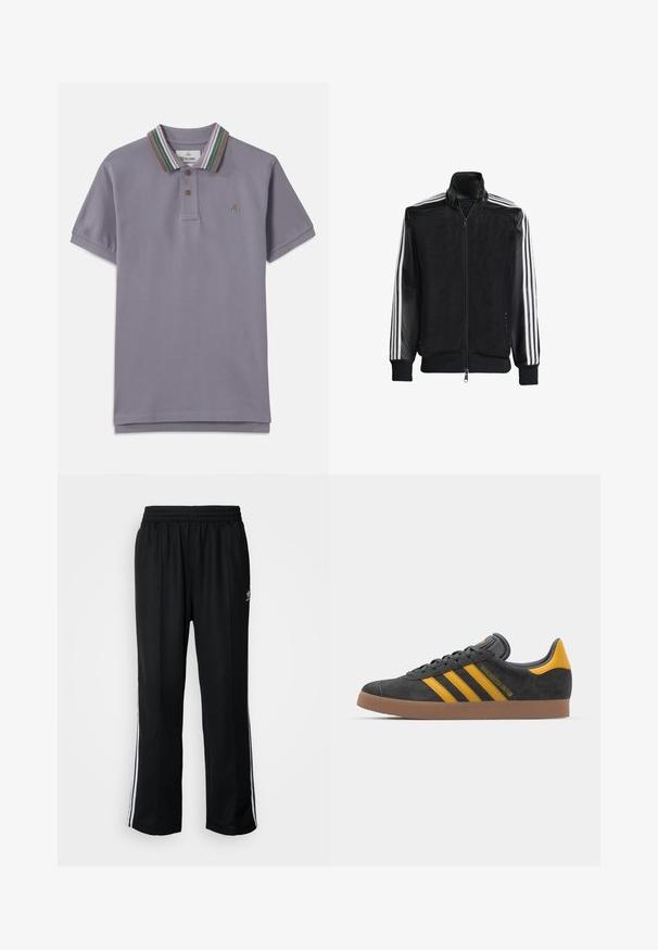 Svart mesh-jakke med glidelås foran, med solide svarte ermer og tre hvite striper langs armene. Ribbestrikkede mansjetter og nederkant.; Lilla polo skjorte med en ribbestrikket krage som har grønne, brune og rosa striper; tre knappestolper; brodert logo på brystet.; Sorte treningsbukser med elastisk midjebånd, med hvite sidestiper og en liten logo. Materialet ser mykt og lett ut.; Sort skinnesko i svart semsket skinn med gule detaljer, med tre striper og en brun gummisåle. Inkluderer en polstret tunge for komfort.