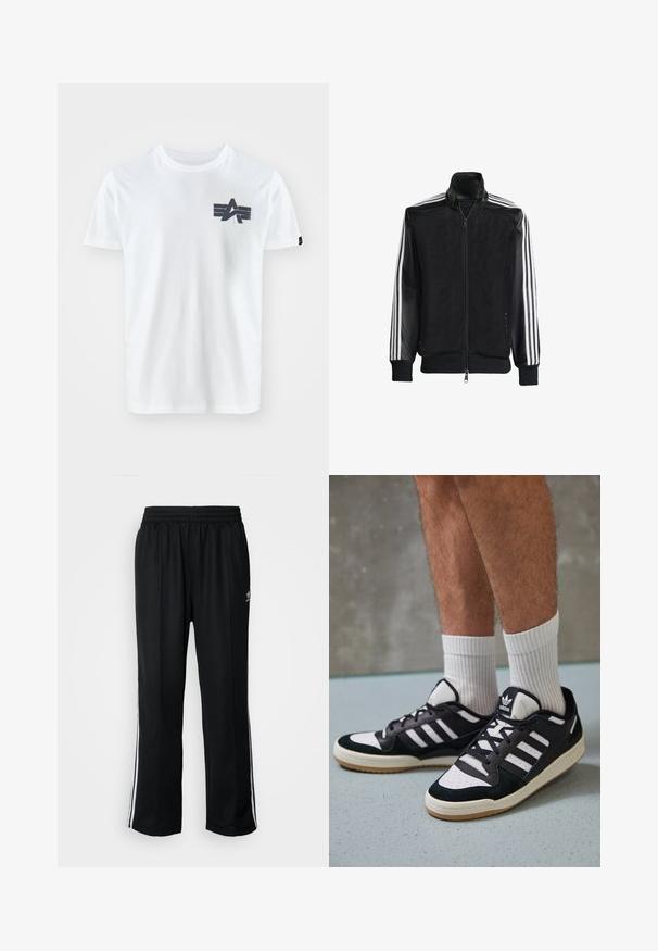 Juodas permatomas džemperis su užtrauktuku priekyje, turintis vientisas juodas rankoves ir tris baltas juostas ant rankų. Raukšlėtos rankogaliai ir apatinė dalis.; Balta medvilninė marškinėlių su apvalia iškirpte, trumpomis rankovėmis, su mėlynai siuvinėtu logotipu ir trimis horizontaliomis juostelėmis krūtinės zonoje.; Juodi sportiniai keliai su elastingu juosmeniu, su baltais šonais ir mažu logotipu. Atrodo, kad medžiaga yra minkšta ir lengva.; Juodos ir baltos sportinės bateliai su zomšiniu ir odiniu viršumi, su trimis baltomis juostelėmis, perforuota koja ir guminėmis padais.