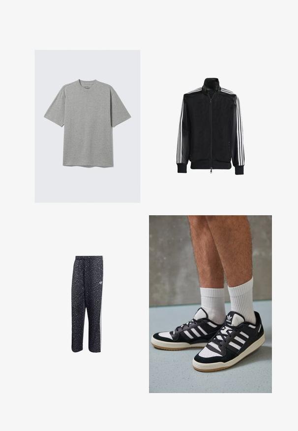 Chaqueta de malla negra con cierre de cremallera en la parte delantera, que presenta mangas negras sólidas y tres rayas blancas a lo largo de los brazos. Puños y dobladillo acanalados.; Camiseta gris de manga corta hecha de una suave mezcla de algodón, con un cuello redondo y un corte relajado, sin patrones ni acentos visibles.; Pantalones deportivos negros con un patrón de leopardo, con un diseño de tres rayas blancas y un logo de marca deportiva en el lateral.; Zapatillas en blanco y negro con parte superior de ante y cuero, que presentan tres franjas blancas, una puntera perforada y una suela de goma.