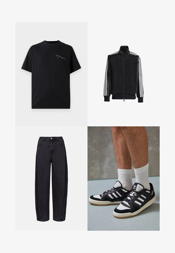 Jaqueta de malha preta com fecho zip, apresentando mangas pretas sólidas e três riscas brancas ao longo dos braços. Punhos e bainha canelados.; Camiseta preta de algodão com decote redondo e mangas curtas. Apresenta um pequeno logótipo branco da Carhartt na área do peito esquerdo.; Calças largas pretas em denim com uma textura suave. Apresentam uma cintura alta, bolsos frontais e fecho de botão na cintura.; Ténis em preto e branco com upper em camurça e couro, apresentando três riscas brancas, um toe perfurado e uma sola em borracha de goma.