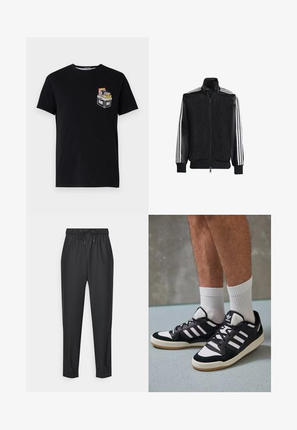 Black mesh jacket with a zip front, featuring solid black sleeves and three white stripes along the arms. Ribbed cuffs and hem.; Black cotton t-shirt with short sleeves featuring a small graphic of a crate filled with colorful items on the left chest area.; Black jogger pants made from a soft, stretchy material. Features an elastic waistband with a drawstring, tapered legs, and cuffs at the ankles.; Black and white sneakers with a suede and leather upper, featuring three white stripes, a perforated toe, and a gum rubber sole.