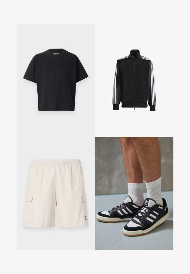 Jaqueta de malha preta com fecho zip, apresentando mangas pretas sólidas e três riscas brancas ao longo dos braços. Punhos e bainha canelados.; T-shirt preta de manga curta em algodão, com decote redondo e um corte relaxado e largo. Textura suave, design minimalista e sem padrões.; Calções cargo bege com cintura elástica, dois bolsos laterais e um pequeno logótipo no canto inferior direito. Tecido suave e leve.; Ténis em preto e branco com upper em camurça e couro, apresentando três riscas brancas, um toe perfurado e uma sola em borracha de goma.